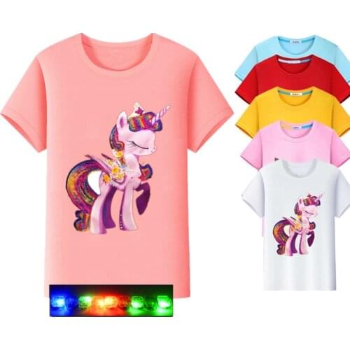 2021 Unicorn T-shirt Baby Girl Summer Clothes LED Glowing Boys Girl Tshirt Boy Tops Kid Tee Birthday Party Color Sequins