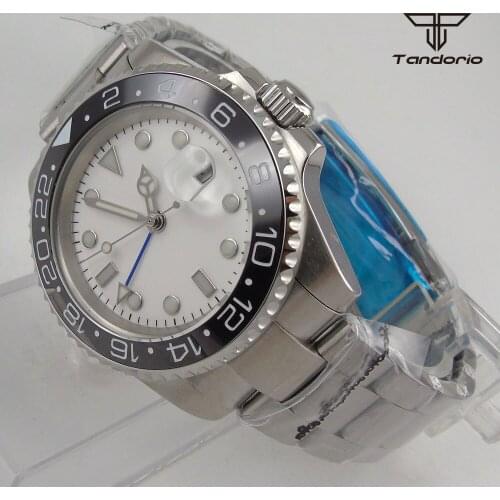 40mm Automatic Mens Watch GMT Function White Dial Sapphire Date Bezel Insert Strap Screw In Crown