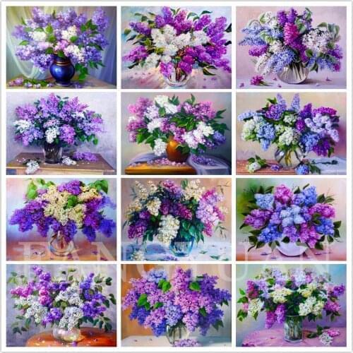 Purple White Flowers 5D Diy Diamond Painting Lilac Full Square Round Diamond Embroidery Flower Cross Stitch Vase Wall Decoration