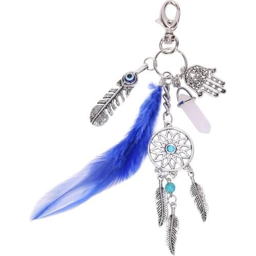 Natural Feather Boho Palm Hand Stone Pendant Charm Crystal Purse Bag Keyring Key Chain Accessories Wedding Party Lover Gift