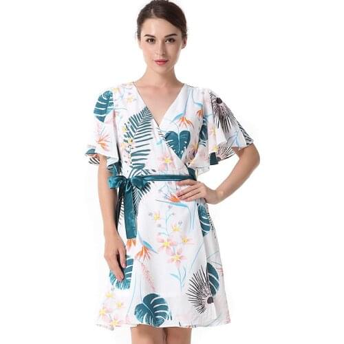 Neatie kiddie Fashion Bohemian Beach Casual Mini Dress Floral Print V-neck Summer A-line Dress Vestidos Robes Femme