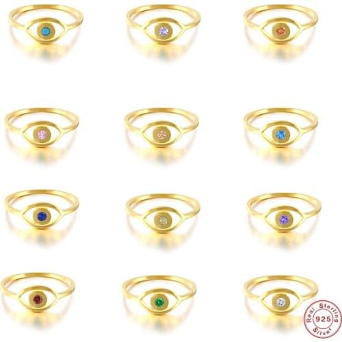 GS 925 Sterling Silver Gold Evil Eye Rings For Women Girls Vintage Boho Colorful Crystal Knuckle Ring Party Fine Jewelry Gift