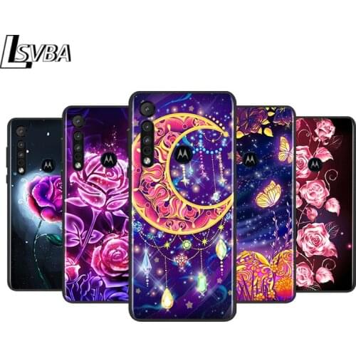 Moon Flower Butterfly for Motorola G9 G8 G E7 E6 One Play Marco Hyper Fusion Stylus Power Edge Plus Black Phone Case