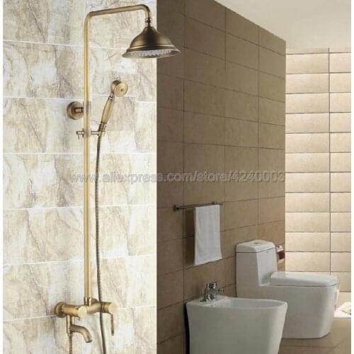 Wall Mounted Antique Brass 8 Inch Round Rainfall Shower Head + Tub Spout + Brass Hand Sprayer Mixer Tap Krs150