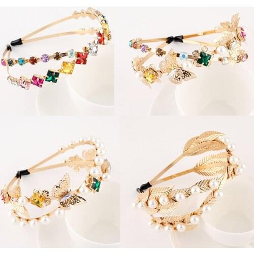 Crystal Flower Pearl Crossed Headband Wedding Hair Hoop Headwear Vintage Handmade Alloy Colorful Gem Headband Hairband Wholesale