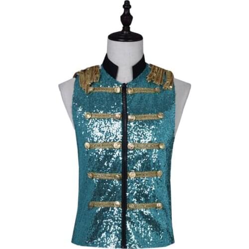 Factory direct sales Sequin men vest clothing personality slim male sleeveless vests mens punk singer stage star fashion green