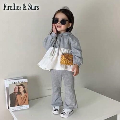Spring Autumn Girls 2 Pcs Set Baby Hooded Sweat Shirt + Flare Pants Kids Tracksuits Children Activewear Ruched Patch 1 To 7 Yrs