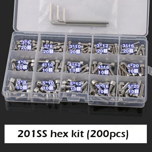200Pcs/set DIN912 M3 M4 M5 201 Stainless Steel Hexagon Socket Head Cap Screws Bicycle Hex Bolts Assortment Kit HW003