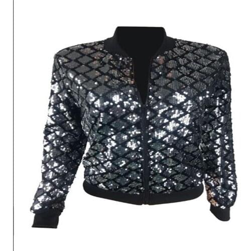 2021 Fashion Hip Hop Baseball Uniform Women Stand Collar Plaid Sequined Splicing Long Sleeve With Lining Jacket Golden/Silver