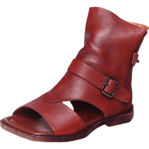 Spring 2021 new leather vintage handmade open-toe side zipper flat flat boots and sandals for women