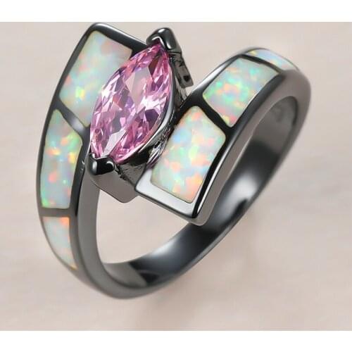 Punk Female Pink Leaf Crystal Big Rings Charm 14KT Black Gold Wedding Rings For Women Vintage Bride White Opal Engagement Ring