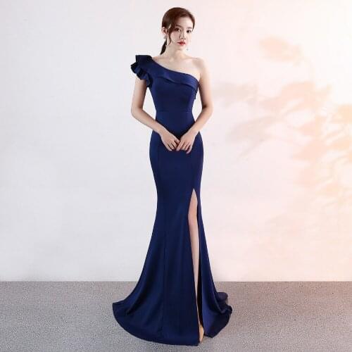 Corzzet Blue Cotton One Shoulder Reffle Maxi Party Dress Sexy Slit Club Elegant Women Mermaid Slim Long Party Dress
