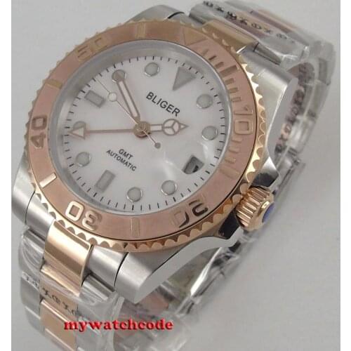 40mm bliger White Dial GMT Function Sapphire Glass Date Window 316L steel bracelet luxury mens watch Gold coating beze