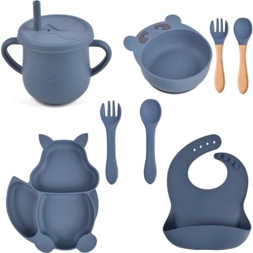 8 Pcs Baby Silicone Bib Divided Dinner Plate Sucker Bowl Spoon Fork Straw Cup Set Training Feeding Food Utensil Dishes