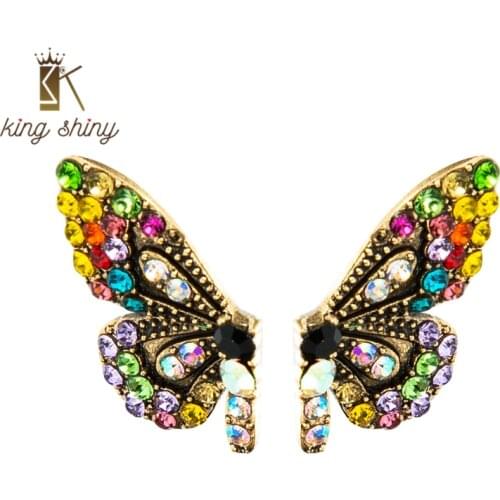 King Shiny Elegant Multi Color Crystal Butterfly Stud Earrings Vintage Sparkly Rhinestone Statement Earrings Girls Party Jewelry