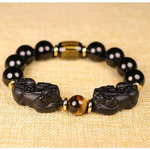 Natural Black Obsidian Bracelet Tiger Eye Stone Double Pixiu 10 12 14 16mm Lucky Brave Troops Women Men Jewelry Drop Shipping