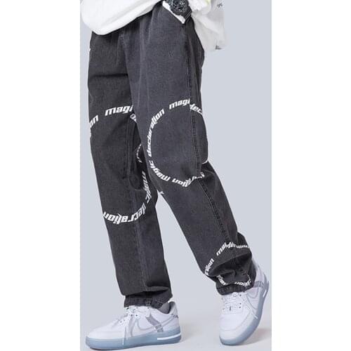Harajuku Circle Letter Print Elastic Waist Oversize Jeans Pants Men and Women Loose Straight Hip Hop Baggy Denim Trousers