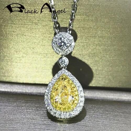 BLACK ANGEL 925 Silver Water Drop Pear Shaped Luxury Citrine Pink Crystal Women Pendant Necklace Fashion Jewelry Christmas Gift