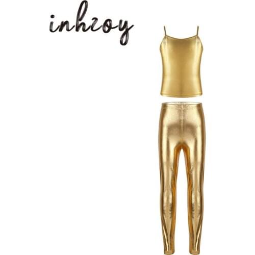Kids Girls Jazz Dance Costume Shiny Metallic Tank Tops With Leggings For Ballet Dance Stage Performance Workout Clothes Set