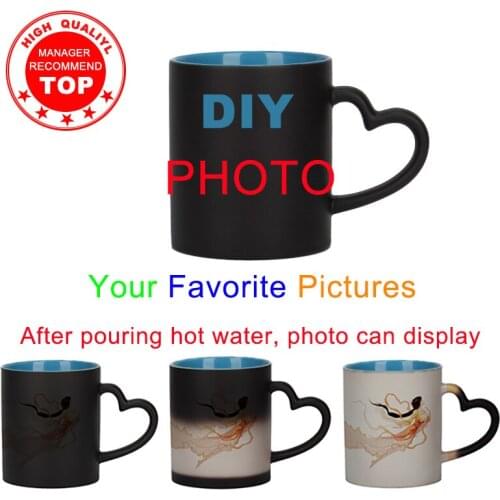 DIY photo inside Blue color Mug Heat Sensitive Ceramic Mugs Color Changing Coffee Mugs Milk Cup Gift Print Pictures