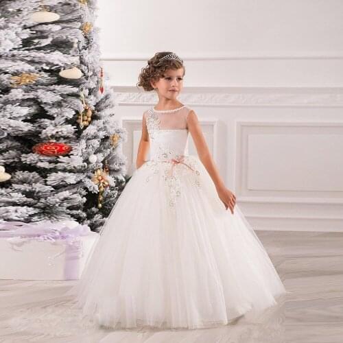 Long Lace Flower Girl Dresses 2019 Applique Girls Pageant Dresses First Communion Dress Kids Wedding Party Gown