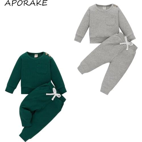 2021 0-24M Infant Girl Boy Clothing Set Solid Color Long Sleeve O Neck Pockets Top+Pants Casual Spring Autumn 2pcs Outfits