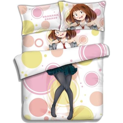 Anime JK My Hero Academia Ochaco Uraraka Cosplay Comforter Set Bed Flat Sheet Quilt Cover Pillowcase Bedding Sets 4pcs