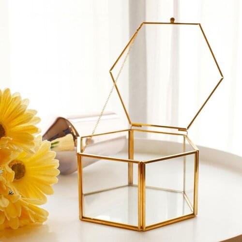 Trinket Box Hexagonal Transparent Glass Ring Makeup Case Wedding Ring Box Eternal Flower Glass Cover Innovative Home Decoration