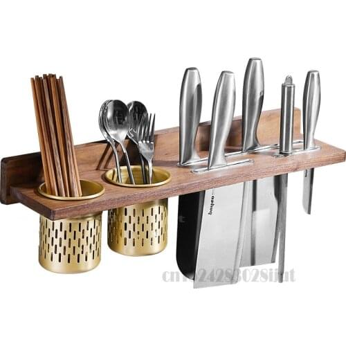 Kitchen Wood Kitchen Racks for Chopsticks Spoon Tubes Punch-free Wall-mounted Knife Racks Storage Shelves with Metal drain box