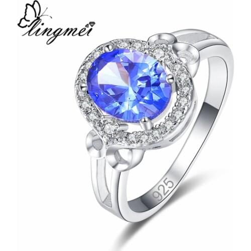 Lingmei Luxury Elegant Women Fashion Wedding Jewelry OvalBlueGreenWhite Zirco Silver Color Ring Size 6-9 Anniversary
