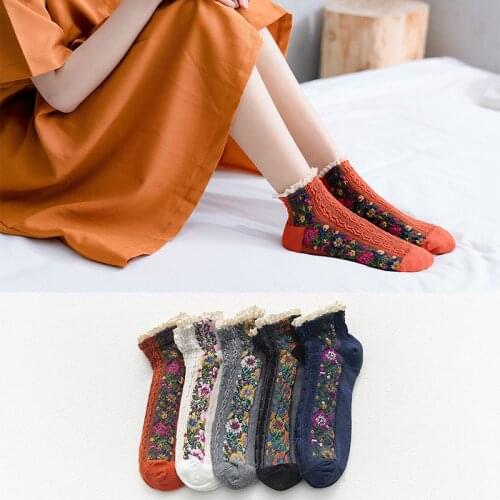 5 pairs Spring and Summer Linen Cotton Socks National Wind Floral Jacquard Lace Socks