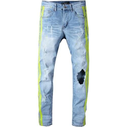 New Italy Style Mens Distressed one Hole Hollow Out Pants Green Sides Blue Denim Skinny Jeans Slim Trousers Size 28-40