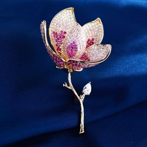 OKILY Luxurious Cubic Zirconia Bloom Brooches Plant Flower Brooch Cloth Pin Jewelry Accessories for Women Beautiful Corsage