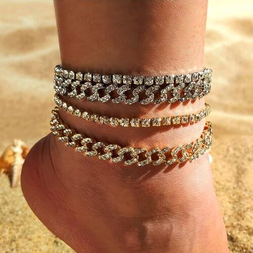 Punk Miami Chunky Cuban Anklet Chain For Women Multilayered Shining Crystal Cuban Link Chain Anklets Hip Hop Rock Foot Jewelry