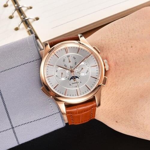 PARNIS 44mm Automatic Mens Watch Silver Dial Day Date indicator Moon Phase rose golden plated case Men Wristwatch