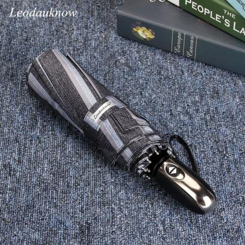 Leodauknow Fully Automatic Three Folding Quality UV and Wind Proof Stripe Style Business Mens Sunny and Rainy Umbrella