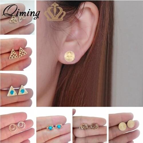 QIMING Triangle Geometric Stud Earrings For Women Minimalist Jewelry Evil Eye Love Tibetan Stud Earrings Girls Best Gift