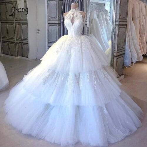 Real Picture Pretty Tutu Puffy Lace Wedding Dresses Appliques Ruffles Tiered Ball Gowns Princess Bridal Gowns Vestido De Noiva