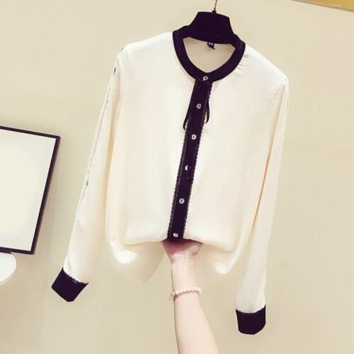 Chiffon White Women Shirts O-Neck Striped Long-Sleeved Office Lady Elegant Outwear Tops