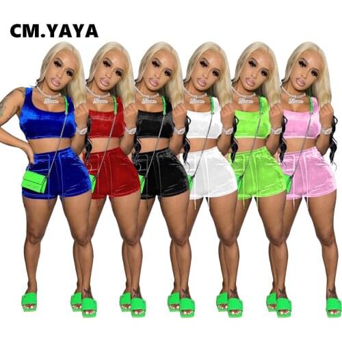 CM.YAYA Velvet Jogger Women Two 2Piece Set Outfit Fashion Active Tracksuit Tanks Tops and Shorts Matching Set Sport Sweatsuit
