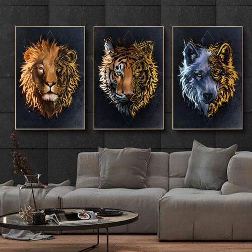 Abstract Animal Golden Tiger Wolf Head Posters Nordic Wall Art Print Canvas Painting Picture For Living Room Corridor Decoration