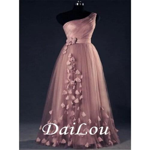 A-Line Elegant Floral Wedding Guest Prom Dress One Shoulder Sleeveless Floor Length Tulle with Appliques 2021