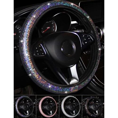 15" Universal Car Steering Wheel Cover PU Bling Diamond Leather Protective Cover Shiny Car Accessories