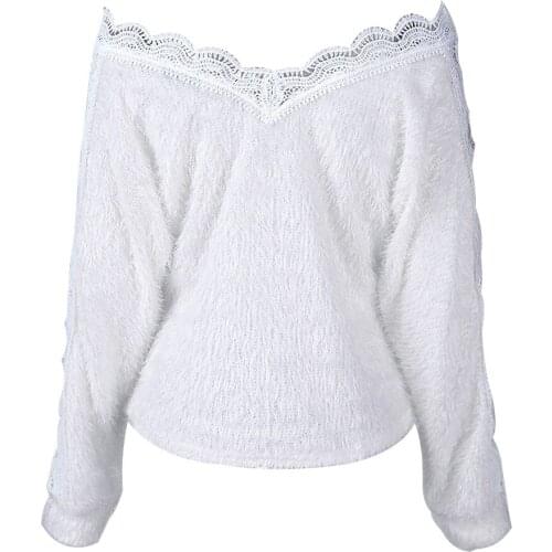 V-shaped hollow out Pullover white fashion womens sweater sexy womens clothing winter womens knitted sweater