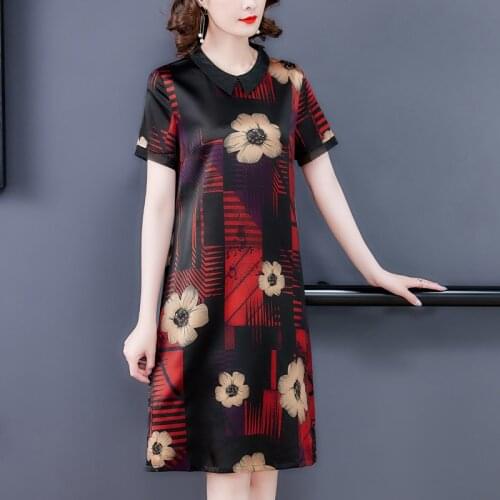 Vintage flower silk dress women summer casual loose satin dress ladies turn-down collar knee-length dress plus size