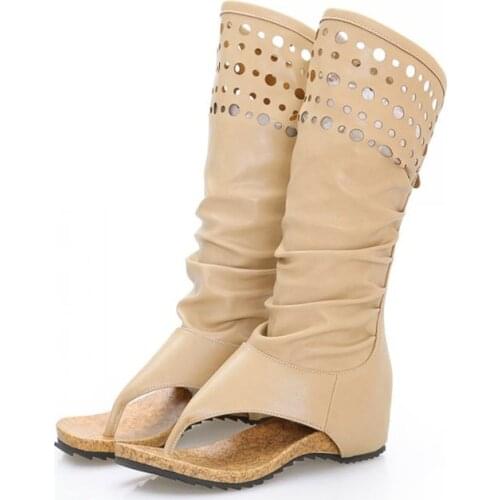 YMECHIC 2019 Fashion Open Toe Wedges Hollow Hole Summer Womens Boots Pleated Beige Khaki Med Heel Thong Sandal Gladiator Shoes