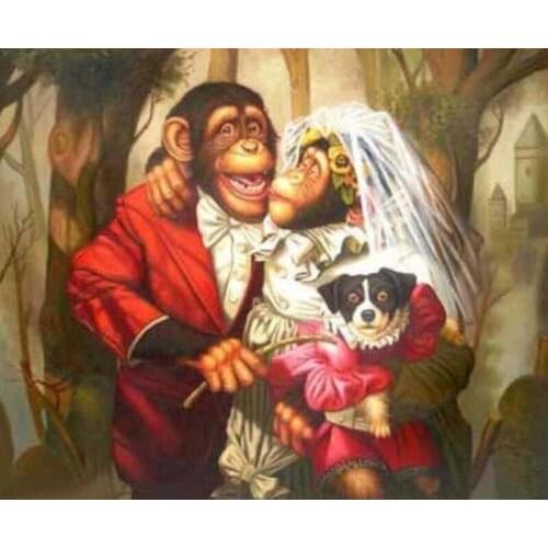 Funny Animal Painting Married Moneky Oil Painting for Home Decor Wall Art on Canvas for Living Room Hand Painted No Framed