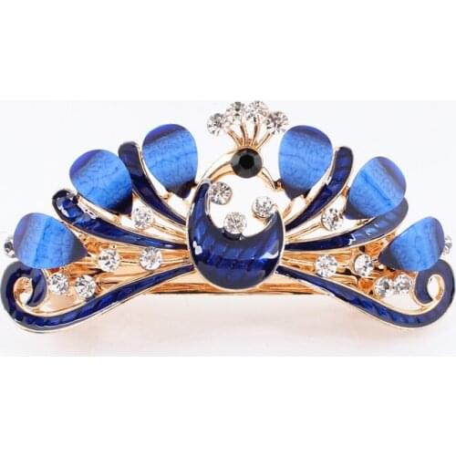 Crystal peacock bird epoxy Cravat Hair clips Hairpin Fashion jewelry Christmas gift Golden plated alloy barrettes