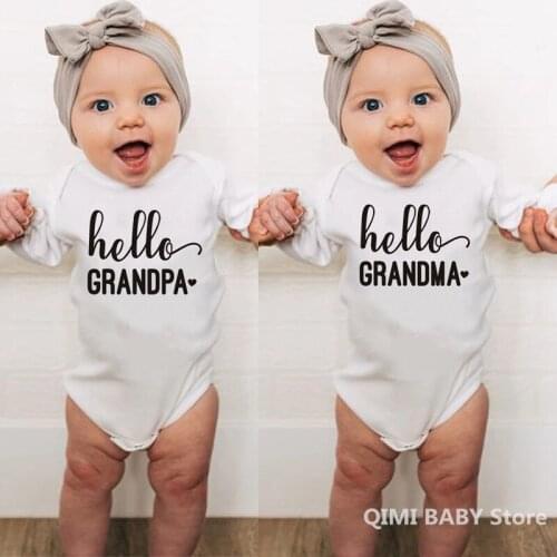 Hello Grandma/Grandpa Print White Baby Rompers Cotton Girls and Boys Long Sleeve Romper Baby Jumpsuit Newborn Baby Clothing