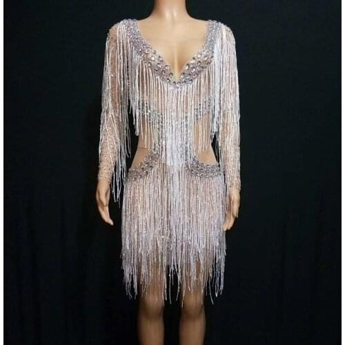 Silver Rhinestone Tassels Dress Women Prom Evening Bar Birthday Outift Singer Perspective Mesh Fringe Dresses Rave Wear DT1619